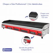 Chapa a Gás Profissional Grande 1,5 Metro Hamburgueria 9,5mm Espessura CBG 1500 Pro Metalcubas