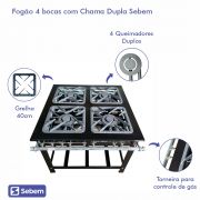 Fogão para Cozinha Industrial Profissioanal Alta Potencia Chama Dupla Grelha 40 cm 4 Bocas Sebem