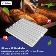 Kit 10 Assadeiras Esteira Bandeja Resistênte Total Alumínio Borda Ondulado 6 Ondas Pão Padaria 58x70