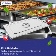 Kit 6 Cubas 1/1X100MM Com Tampa em Inox de  Alta Qualidade Uso Profissional Sebem