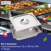 Kit 6 Cubas Gastronomicas Inox Gn 1/2x100 mm E 6 Tampas 1/2 para Buffet Sebem