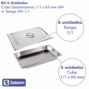 Kit 6 Cubas GN 1/1 X 65mm Com Tampa GN 1/1 Gn Inox Alta Qualidade Uso Profissional