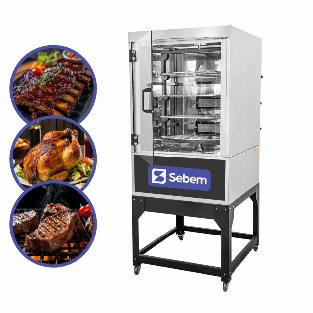 Máquina de Assar Assador Forno Rotativo para Frango, Carne 70 kg 4 Grelhas Giratório Sebem