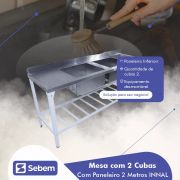 Mesa com 2 Tanques Cubas Pia Inox Cozinha Industrial Restaurante Hamburgueira Com Paneleiro 2 Metros