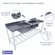 Mesa com 2 Tanques Cubas Pia Inox Cozinha Industrial Restaurante Hamburgueira Com Paneleiro 2 Metros