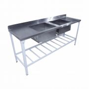 Mesa com 2 Tanques Cubas Pia Inox Cozinha Industrial Restaurante Hamburgueira Com Paneleiro 2 Metros