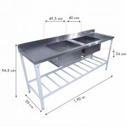 Mesa com 2 Tanques Cubas Pia Inox Cozinha Industrial Restaurante Hamburgueira Com Paneleiro 2 Metros