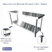 Mesa De Inox Industrial Para Açougue Com Prateleira 1,8 Metro Sebem